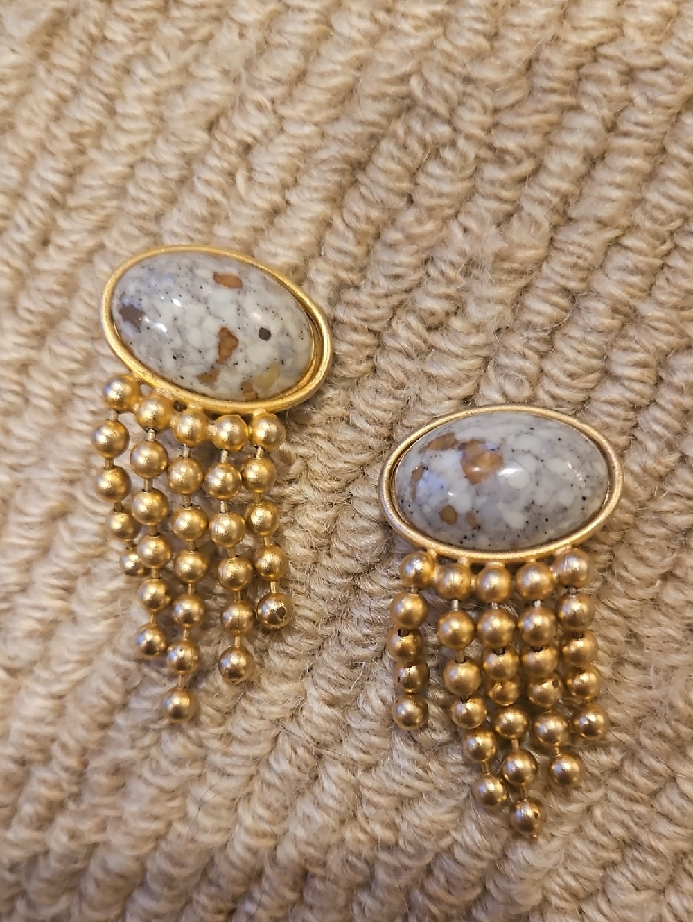 Gold-tone Clip-on Earrings W Marbled Stone Cabochon & Beaded Fringe